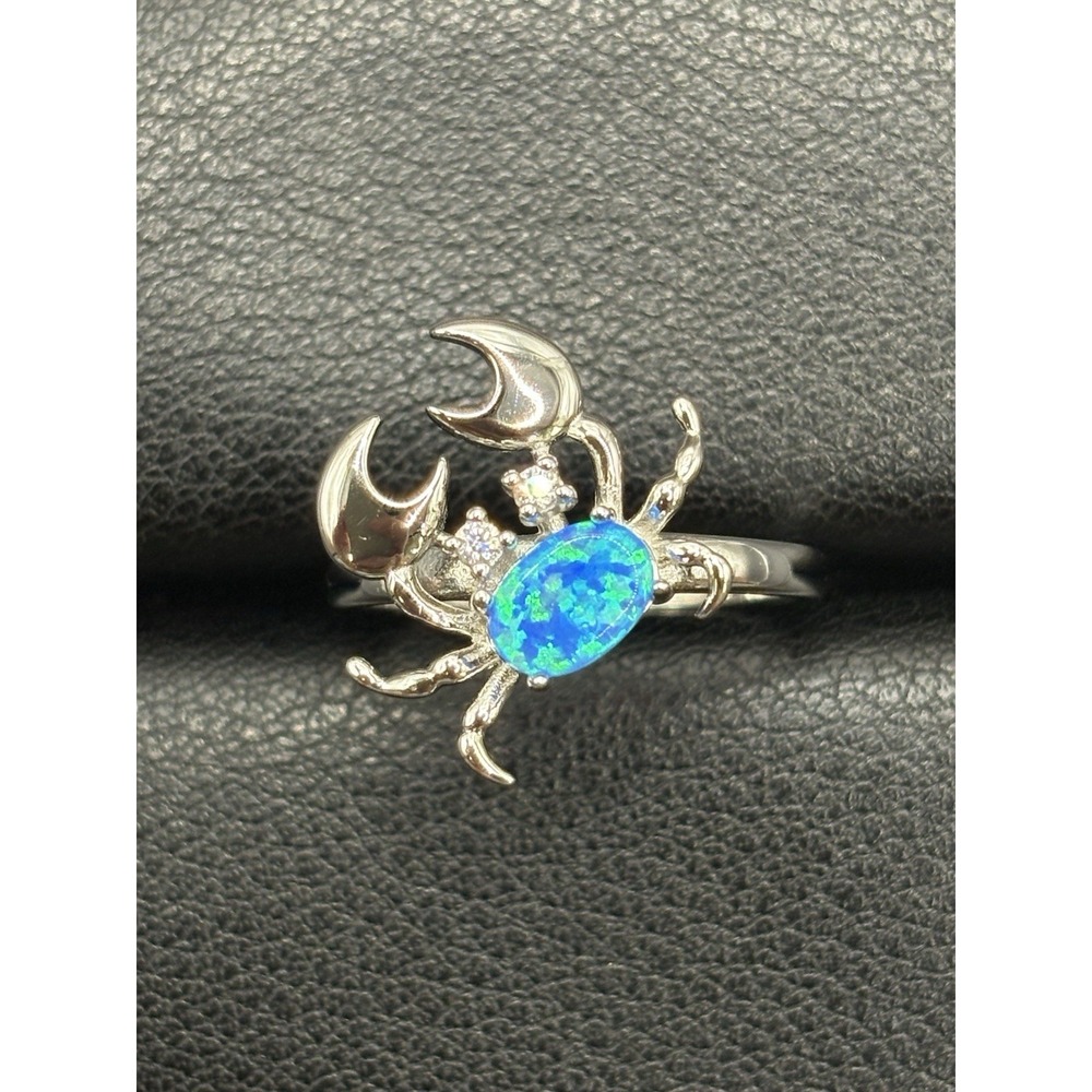 New Condition Sterling Silver Lab Blue Opal Crab Ring Size 7 F18
